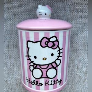 Hello Kitty pink/white stripe lidded canister/cookie/treat jar New sealed 8 inch